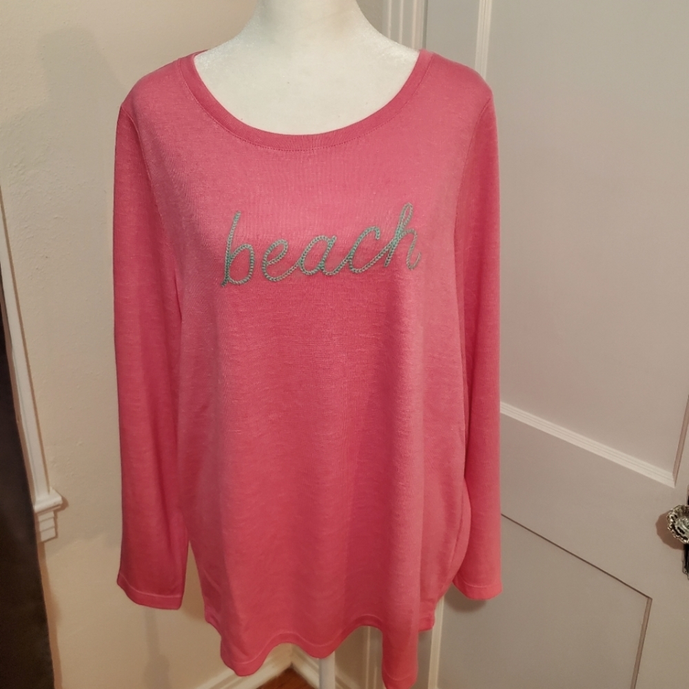 Belle by Kim Gravel Pink 'beach' Embroidered Scoop Neck Sweater